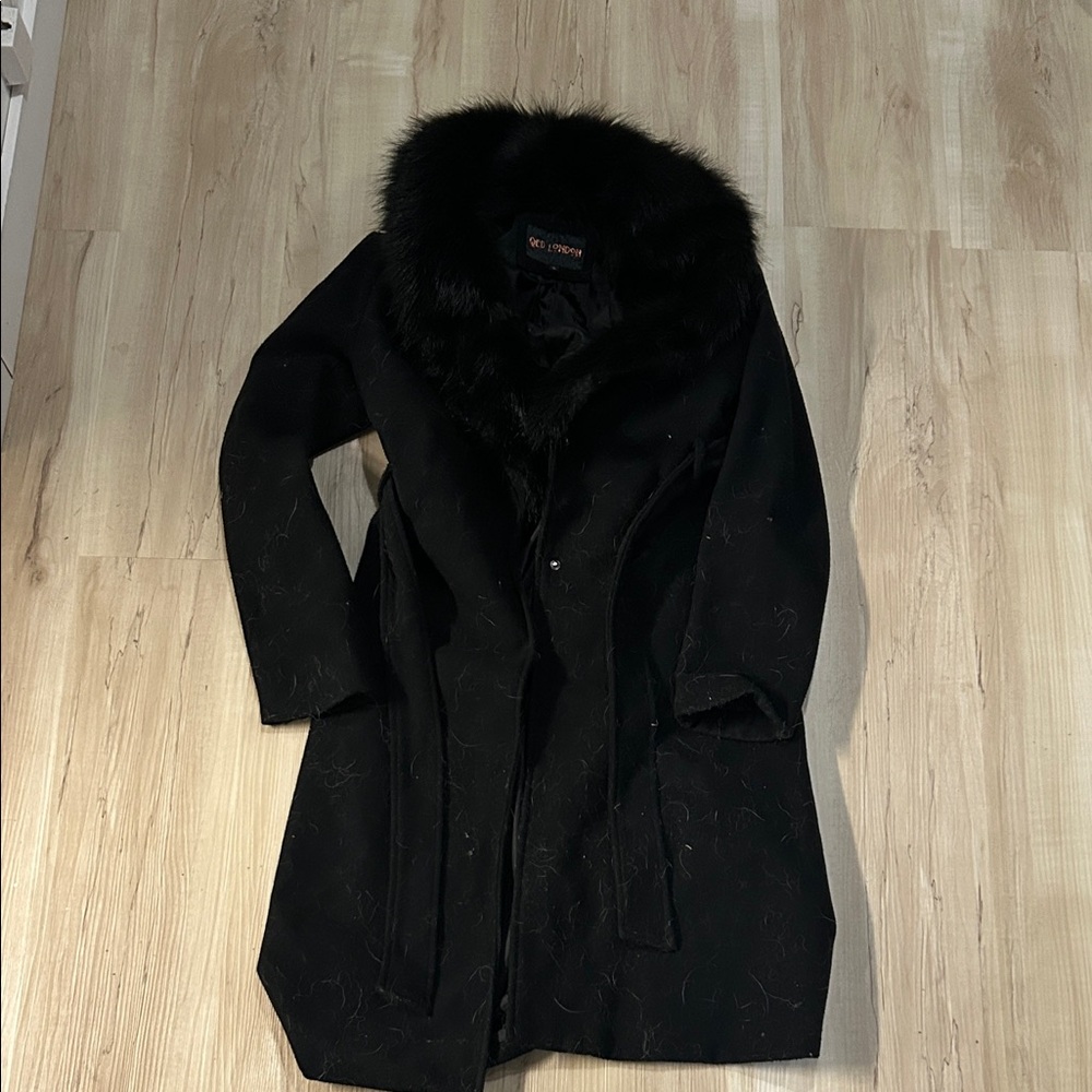 QED London Black Coat with Fur Collar